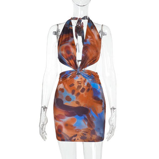 Halter v neck contrast ruched mini dress