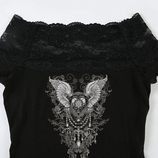 Off shoulder lace patchwork abstract top