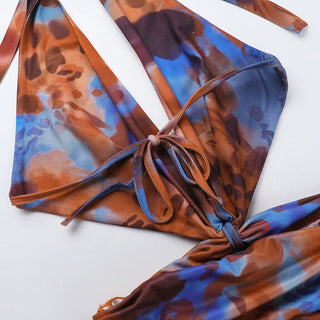 Halter v neck contrast ruched mini dress