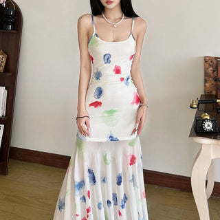 U neck mesh contrast cami maxi dress