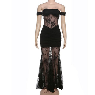 Off shoulder lace mesh zip-up maxi dress
