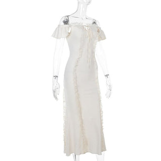 Off shoulder lace hem ruffle maxi dress