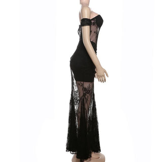 Off shoulder lace mesh zip-up maxi dress