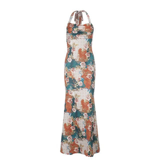 Halter flower print cowl neck maxi dress