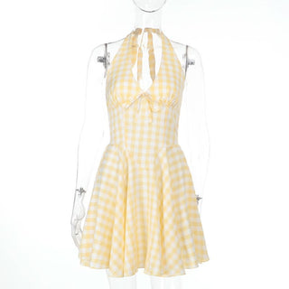 Halter v neck plaid backless mini dress