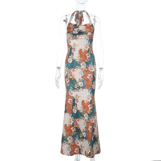 Halter flower print cowl neck maxi dress