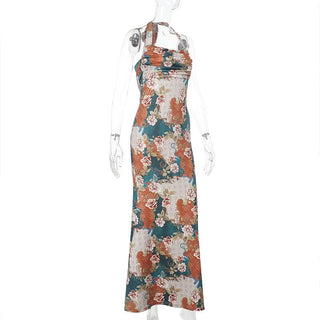 Halter flower print cowl neck maxi dress