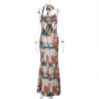 Halter flower print cowl neck maxi dress