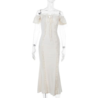 Off shoulder lace hem ruffle maxi dress