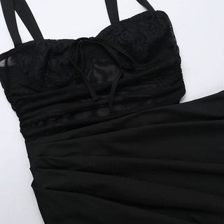 Hollow out mesh ruched cami cut out maxi dress