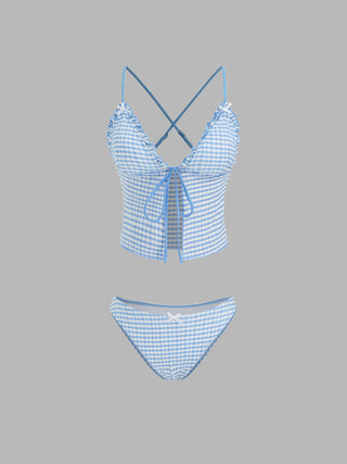 V-neck Gingham Bowknot Lettuce Trim Tankini Bikini Set