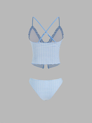 V-neck Gingham Bowknot Lettuce Trim Tankini Bikini Set