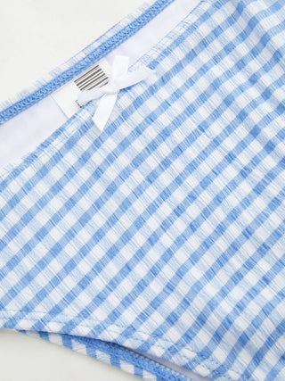 V-neck Gingham Bowknot Lettuce Trim Tankini Bikini Set