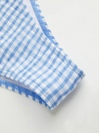 V-neck Gingham Bowknot Lettuce Trim Tankini Bikini Set