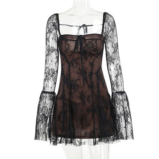 Long flared lace self tie mini dress