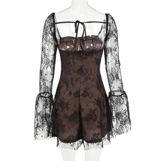 Long flared lace self tie mini dress