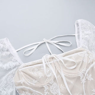 Long flared lace self tie mini dress