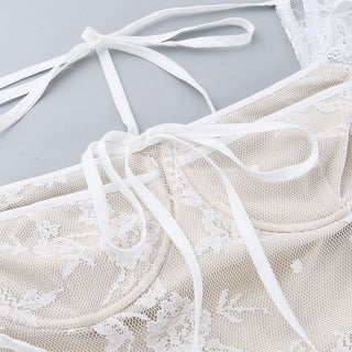 Long flared lace self tie mini dress