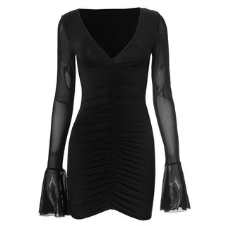V neck long flared sleeve ruched mini dress