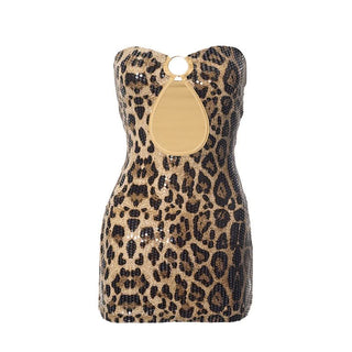 Leopard print o ring glitter hollow out tube cut out mini dress