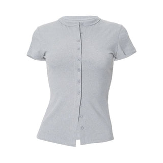 Short sleeve crewneck ribbed button top