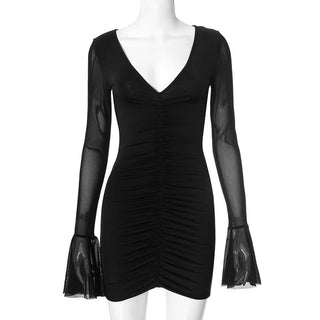 V neck long flared sleeve ruched mini dress