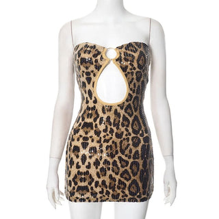 Leopard print o ring glitter hollow out tube cut out mini dress