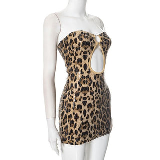Leopard print o ring glitter hollow out tube cut out mini dress
