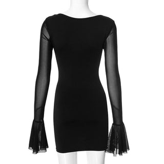 V neck long flared sleeve ruched mini dress