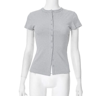 Short sleeve crewneck ribbed button top