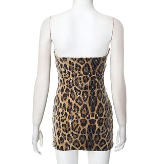 Leopard print o ring glitter hollow out tube cut out mini dress