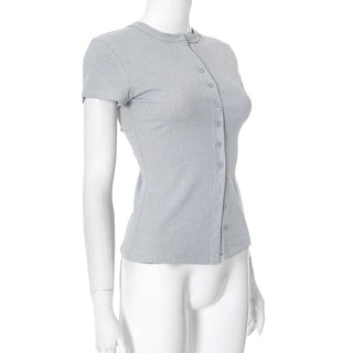 Short sleeve crewneck ribbed button top