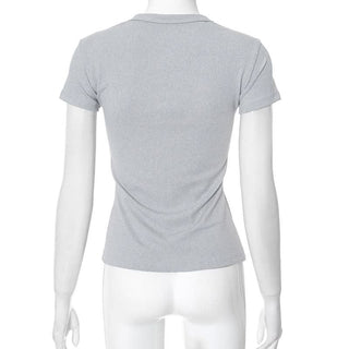 Short sleeve crewneck ribbed button top