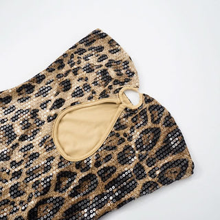 Leopard print o ring glitter hollow out tube cut out mini dress