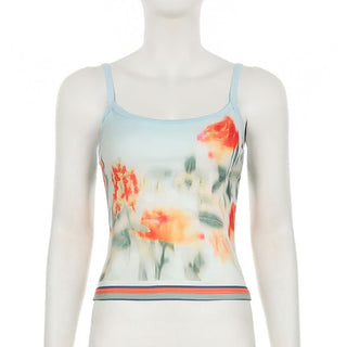 U neck flower print backless contrast cami top