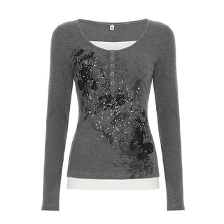 Long sleeve ribbed print patchwork top