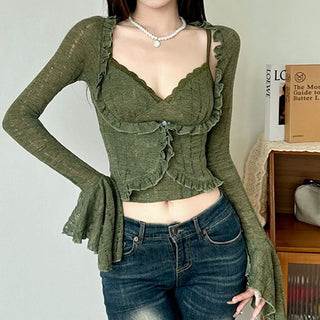 Long flared sleeve lace hem v neck ruffle top