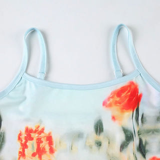 U neck flower print backless contrast cami top