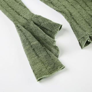 Long flared sleeve lace hem v neck ruffle top