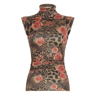 High neck flower print ruched contrast top