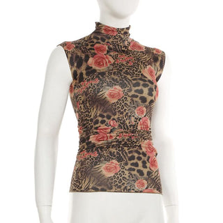 High neck flower print ruched contrast top