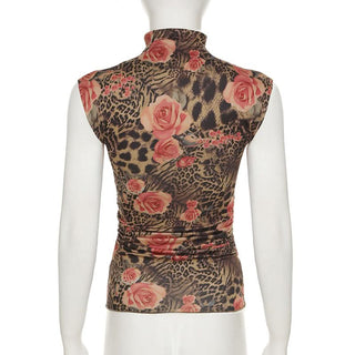 High neck flower print ruched contrast top