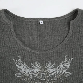 Long sleeve round neck ribbed abstract top