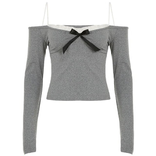 Ruffle bowknot long sleeve spaghetti strap top