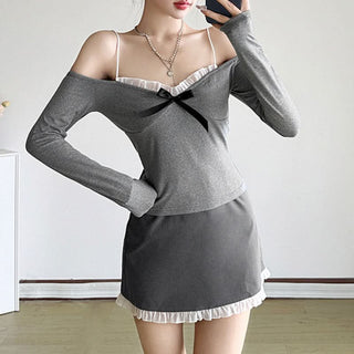 Ruffle bowknot long sleeve spaghetti strap top