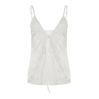 Self tie lace hem satin deep V neck cami top