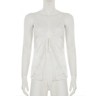 Self tie lace hem satin deep V neck cami top