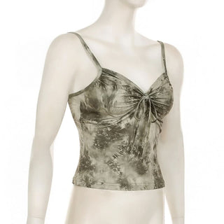 Ruched v neck print backless cami top