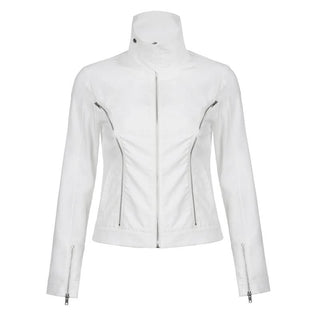 Long sleeve zip-up button PU leather high neck top