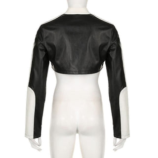 Long sleeve zip-up button PU leather high neck top